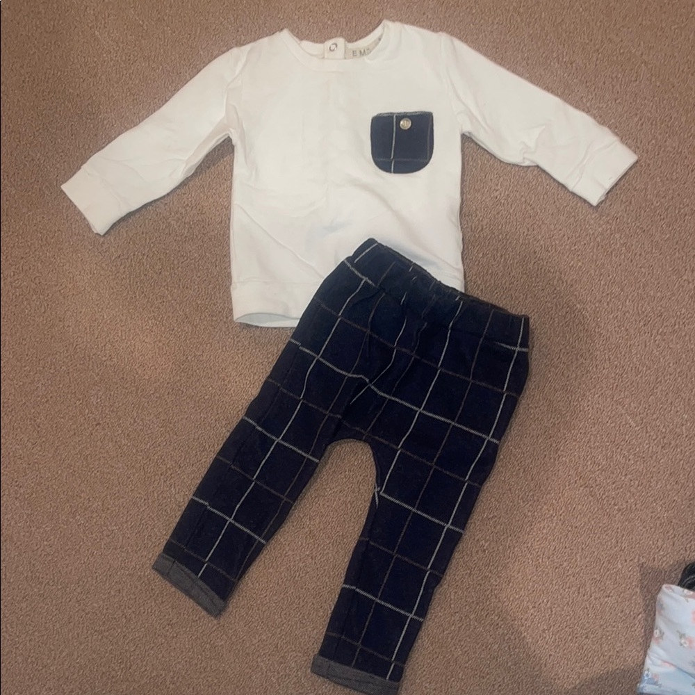 White Long Sleeve Shirt and Black Checkered Pants Set